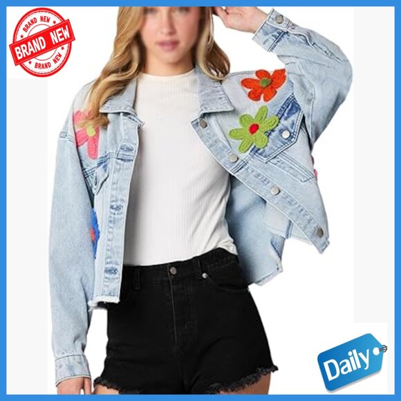Jackets & Blazers - Long Sleeve Button Down 3D Flower Patchwork Crop Raw Hem Denim Jacket